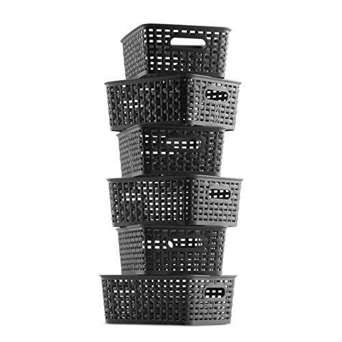 Set of 6 Plastic Storage Baskets - Small Pantry Organizer Basket Bins - Household Organizers with Cutout Handles for Kitchen Organization, Countertops, Cabinets, Bedrooms, and Bathrooms