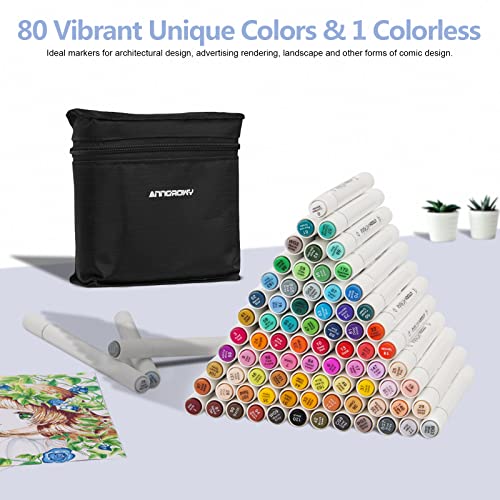 anngrowy 80 Colors Alcohol Markers for Adult Coloring Double Tipped Art Markers Set for Artists/Kids Coloring Drawing Sketch Dual Tip Alcohol Based Marker Art Set Bonus 1 Colorless Blender Marker
