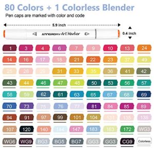 anngrowy 80 Colors Alcohol Markers for Adult Coloring Double Tipped Art Markers Set for Artists/Kids Coloring Drawing Sketch Dual Tip Alcohol Based Marker Art Set Bonus 1 Colorless Blender Marker