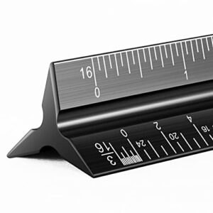 architectural scale ruler for blueprint, 12” metric metal engineers triangle drafting ruler with imperial measurements for architects engineering, artists, draftsman drawing, laser-etched markings