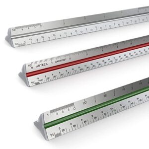 arteza architect scale ruler, imperial, 12-inch color-coded professional-grade aluminum triangular drafting ruler for architect & civil engineer blueprints