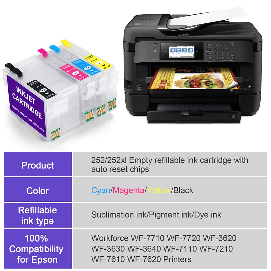 SHDSL Sublimation Ink Cartridges, Empty Refillable Ink Cartridges Compatible for WF-7110 WF-7210 WF-7610 WF-7620 WF-7710 WF-7720 WF-3620 WF-3640 Printers ARC Chip 4Pcs Reusable Ink Cartridges Kit