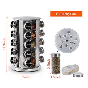 Revolving Spice Rack with 20 Jars, Rotating Spice Rack Organizer, Seasoning Organizer with Labels, Stainless Steel Spice Carousel for Kitchen Countertop, Cabinet