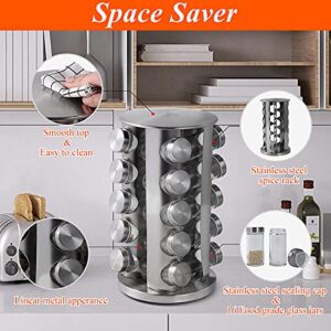 Revolving Spice Rack with 20 Jars, Rotating Spice Rack Organizer, Seasoning Organizer with Labels, Stainless Steel Spice Carousel for Kitchen Countertop, Cabinet