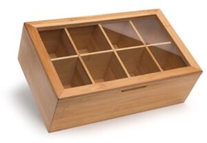 randomgrounds 100% bamboo tea box storage organizer, taller size holds 120+ standing or flat tea bags, 8 adjustable chest compartments, natural wooden finish