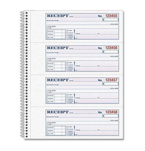 Adams Money and Rent Receipt Book, 2-Part Carbonless, 7-5/8" x 11", Spiral Bound, 200 Sets per Book, 4 Receipts per Page (SC1182)