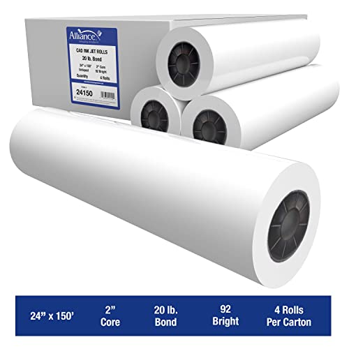 Alliance Wide Format Paper 24" x 150' CAD Bond Rolls (20lb | 4 Rolls, 24 In x 150 Ft | 2" Core)