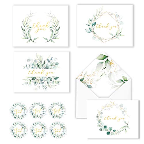 AMNADOF 100 Eucalyptus Gold Foil Thank You Cards Bulk -- Blank Note Cards with Greenery Envelopes – Include Stickers, Perfect for Wedding,Baby Shower, Bridal Shower and All Occasions