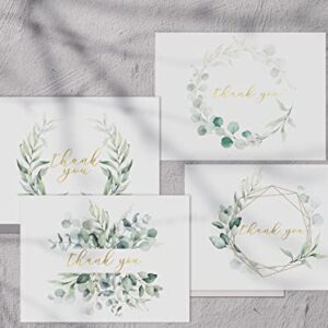 AMNADOF 100 Eucalyptus Gold Foil Thank You Cards Bulk -- Blank Note Cards with Greenery Envelopes – Include Stickers, Perfect for Wedding,Baby Shower, Bridal Shower and All Occasions