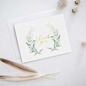 AMNADOF 100 Eucalyptus Gold Foil Thank You Cards Bulk -- Blank Note Cards with Greenery Envelopes – Include Stickers, Perfect for Wedding,Baby Shower, Bridal Shower and All Occasions