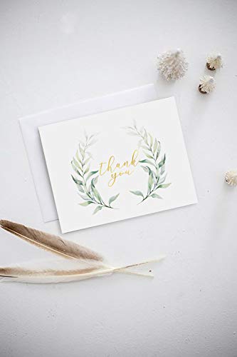 AMNADOF 100 Eucalyptus Gold Foil Thank You Cards Bulk -- Blank Note Cards with Greenery Envelopes – Include Stickers, Perfect for Wedding,Baby Shower, Bridal Shower and All Occasions