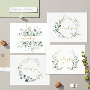 AMNADOF 100 Eucalyptus Gold Foil Thank You Cards Bulk -- Blank Note Cards with Greenery Envelopes – Include Stickers, Perfect for Wedding,Baby Shower, Bridal Shower and All Occasions