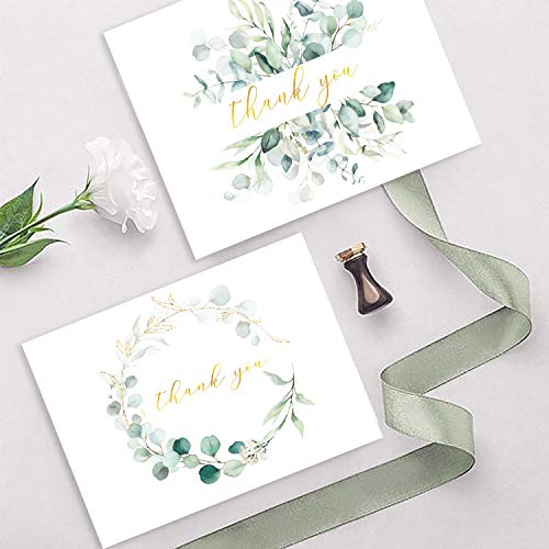 AMNADOF 100 Eucalyptus Gold Foil Thank You Cards Bulk -- Blank Note Cards with Greenery Envelopes – Include Stickers, Perfect for Wedding,Baby Shower, Bridal Shower and All Occasions