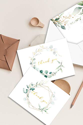 AMNADOF 100 Eucalyptus Gold Foil Thank You Cards Bulk -- Blank Note Cards with Greenery Envelopes – Include Stickers, Perfect for Wedding,Baby Shower, Bridal Shower and All Occasions