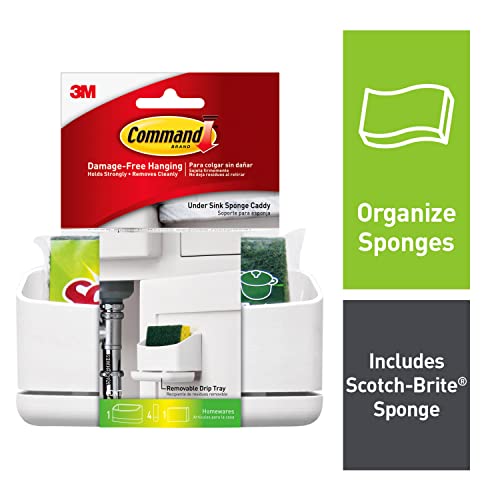 Command Under Sink Sponge Caddy, White, 1-Caddy, 4-Strips, 2-Pack, Organize Damage-Free