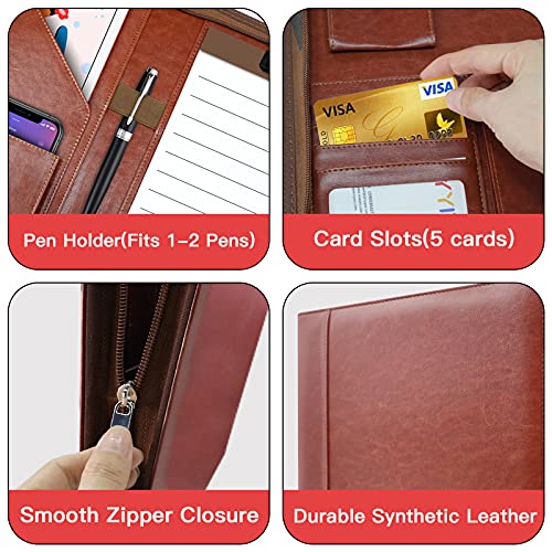 Zippered Padfolio Organizer, WRIYES Leather Planner Binder, 10.2 Inch Portfolio Folder for Documents, Letter Size Business Card Holder for Men&Women (Brown)