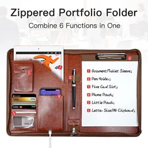 Zippered Padfolio Organizer, WRIYES Leather Planner Binder, 10.2 Inch Portfolio Folder for Documents, Letter Size Business Card Holder for Men&Women (Brown)