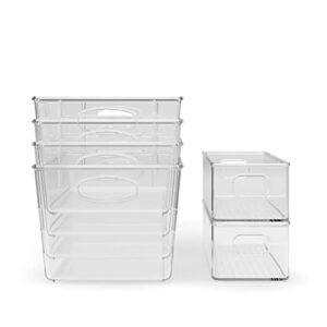 redsodium pantry organization and storage container bins for kitchen, laundry, refrigerator, freezer. durable heavy duty clear plastic with handles – 6 pack