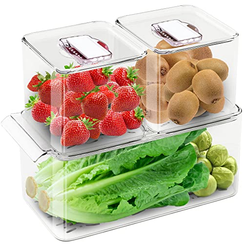 WAVELUX Produce Saver Containers for Refrigerator, Food Fruit Vegetables storage, 3 Pcs Stackable Freezer Fridge Organizer, Fresh Keeper Drawer Bin Basket with Vented Lids & Removable Drain Tray