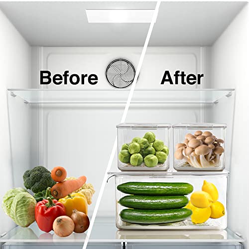 WAVELUX Produce Saver Containers for Refrigerator, Food Fruit Vegetables storage, 3 Pcs Stackable Freezer Fridge Organizer, Fresh Keeper Drawer Bin Basket with Vented Lids & Removable Drain Tray