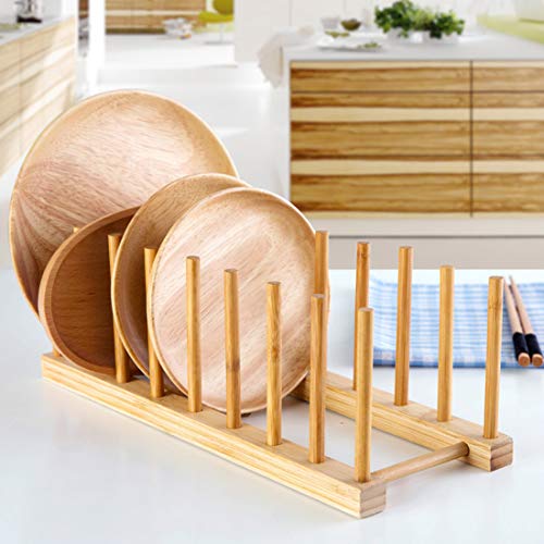 Lawei 4 Pack Bamboo Wooden Dish Rack - Plate Rack Stand Pot Lid Holder, Kitchen Cabinet Organizer for Bowl, Cup, Cutting Board and More