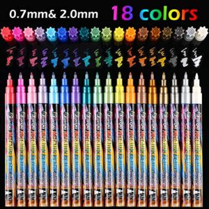 18 colors metallic marker pens, 0.7 mm extra fine point paint pen, metallic painting pens, metallic permanent markers for cards writing signature lettering