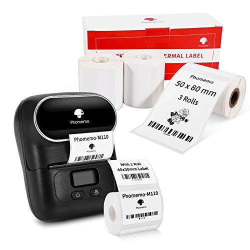 Phomemo M110 Bluetooth Label Maker with 3 Rolls 1.97"x3.15"(50x80mm) Thermal Labels- Thermal Label Maker Printer Apply to Labeling, Office, Cable, Retail, Barcode, Compatible with Android & iOS