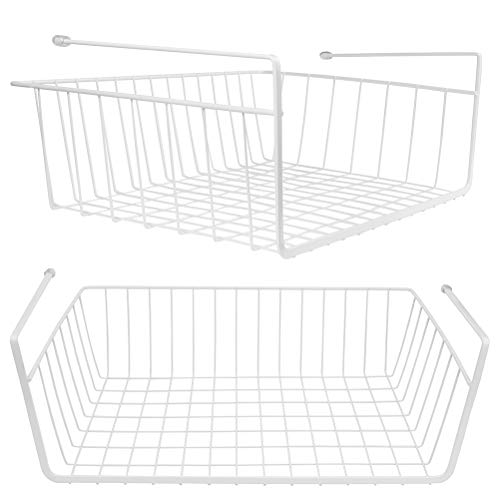 Tebery 2 Pack White Under Shelf Wire Basket Hanging Storage Baskets, Under Cabinet Add-on Storage Racks Slide-in Baskets Organizer for Kitchen Pantry Desk Bookshelf