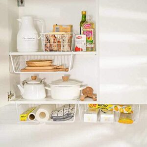 Tebery 2 Pack White Under Shelf Wire Basket Hanging Storage Baskets, Under Cabinet Add-on Storage Racks Slide-in Baskets Organizer for Kitchen Pantry Desk Bookshelf