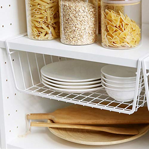 Tebery 2 Pack White Under Shelf Wire Basket Hanging Storage Baskets, Under Cabinet Add-on Storage Racks Slide-in Baskets Organizer for Kitchen Pantry Desk Bookshelf