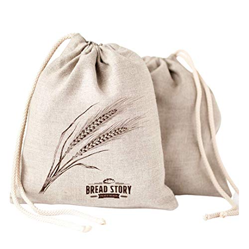 Linen Bread Bags - 2-Pack 11 x 15 inch Ideal for Homemade Bread, Unbleached, Reusable Food Storage, Housewarming, Wedding Gift, Storage for Artisan Bread - Bakery & Baguette