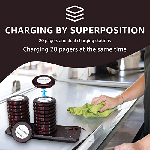 Retekess TD163 Pager System,Restaurant Buzzers Long Range,Set Vibration,Dual Charging Base,20 Coaster Pagers for Hospital,Kitchen,Medical Office,Nursery