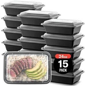 15-pack meal prep plastic microwavable food containers meal prepping & lids.”{24 oz.}” black rectangular reusable storage lunch boxes -bpa-free food grade- freezer dishwasher safe -“premium quality”