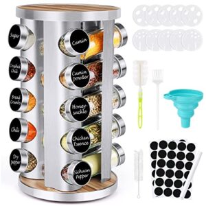 spice rack organizer with jars for cabinet (20pcs) revolving/rotating seasoning organizer, stainless steel/wooden countertop rack tower organizer for kitchen pantry with reusable labels/funnel/brushes