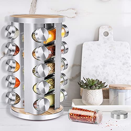 Spice Rack Organizer with Jars for Cabinet (20Pcs) Revolving/Rotating Seasoning Organizer, Stainless Steel/Wooden Countertop Rack Tower Organizer for Kitchen Pantry with Reusable Labels/Funnel/Brushes