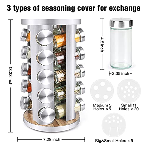 Spice Rack Organizer with Jars for Cabinet (20Pcs) Revolving/Rotating Seasoning Organizer, Stainless Steel/Wooden Countertop Rack Tower Organizer for Kitchen Pantry with Reusable Labels/Funnel/Brushes