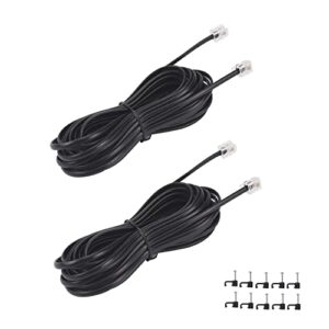 15ft telephone extension cord cable, landline phone line wire with rj11 6p4c plugs, includes cable clips – black – 2 pack