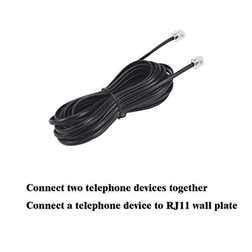 15FT Telephone Extension Cord Cable, Landline Phone Line Wire with RJ11 6P4C Plugs, Includes Cable Clips - Black - 2 Pack