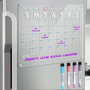 acrylic magnetic dry erase board calendar for fridge, 16.5″x12″ inch clear dry erase calendar for refrigerator, magnetic planning calendar includes 4 colors magnetic dry erase markers with eraser