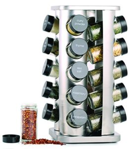 orii 20 jar stainless steel spice organizer rack filled with spices – rotating standing rack shelf holder & countertop spice rack tower organizer for kitchen spices, free spice refills for 5 years
