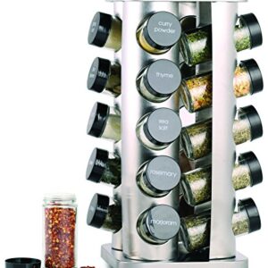 Orii 20 Jar Stainless Steel Spice Organizer Rack Filled with Spices - Rotating Standing Rack Shelf Holder & Countertop Spice Rack Tower Organizer for Kitchen Spices, Free Spice Refills for 5 Years