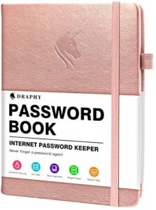 draphy password book with alphabetical tabs. medium size internet password keeper for logins, and web addresses. leatherette hardcover password log notebook & organizer for home and office (rose gold)
