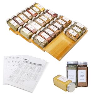 kithero spice drawer organizer with 24 spice jars and 216 labels,non-slip rubber, bamboo 4 tier spice racks tray seasoning containers for kitchen drawers,cabinets,countertops,13″ wide * 15.8″ deep