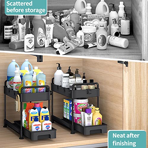 ZIZOTI 2 Pack Pull Out Under Sink Cabinet Organizer, Sliding Drawers 2 Tier Bathroom Storage Basket Organizer with Handles, Hooks, Hanging Cup, Dividers, Multi-use Kitchen Bath Office Organizer, Black