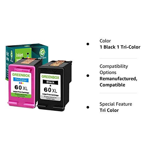 GREENBOX Remanufactured 60XL Ink Cartridges Replacement for HP 60 XL 60XL Combo Pack for PhotoSmart C4780 C4680 C4795 C4640 Deskjet F4480 F4440 F2430 F4280 Envy 110 120 111 114 (1 Black 1 Tri-Color)