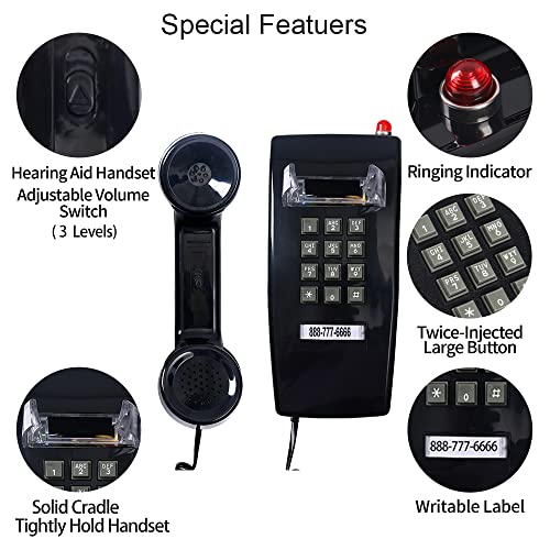 Classic Wall Phone for Landline with Mechanical Ringing, Single Line 2554 Wall Telephone with Indicator, Retro Wall Mounted Phone Waterproof, Old Wall Mount Phone for Kitchen,Home, Black
