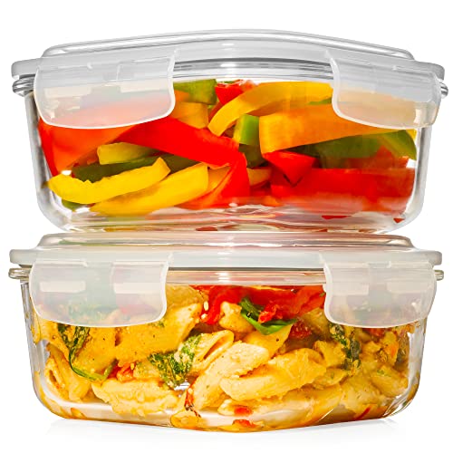 2 LARGE 1200ML / 42 Oz Glass Food Storage Containers w/Airtight Lids - Microwave/Oven/Freezer & Dishwasher Safe - BPA/PVC Free + Leak Proof - Ideal for Baking & Storing food. Keeps Food Fresh longer