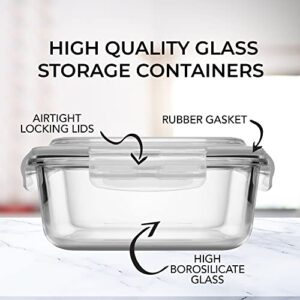 2 LARGE 1200ML / 42 Oz Glass Food Storage Containers w/Airtight Lids - Microwave/Oven/Freezer & Dishwasher Safe - BPA/PVC Free + Leak Proof - Ideal for Baking & Storing food. Keeps Food Fresh longer