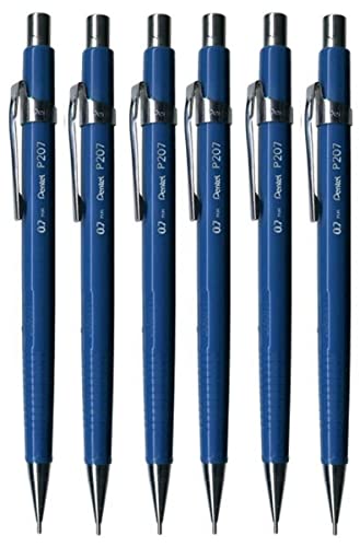 Pentel 0.7mm (P207-C) Blue P200 Series Automatic Mechanical Drafting Pencil Refillable Lead Eraser (Pack Of 6)