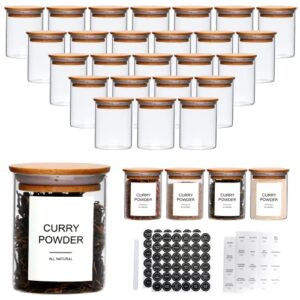 encheng 4 oz glass spice jars with lids set of 30,clear glass seasoning container with labels,100ml mini glass jars with bamboo lids for dry food,spice,herb,sugar,salt.